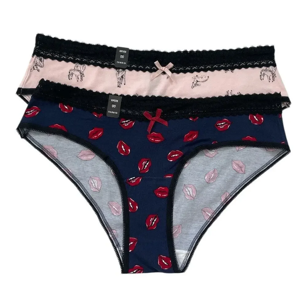 Torrid Set of 2 Cotton Mid-Rise Hipster Lace Waist Trim Panty Black Size 00 Lips